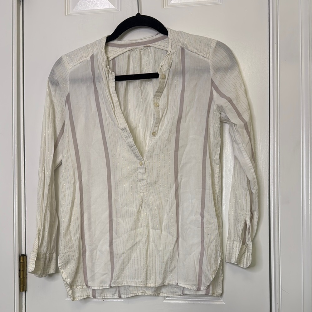 Anthropologie Cream 3/4 Sleeve Blouse with Mandarin Collar
